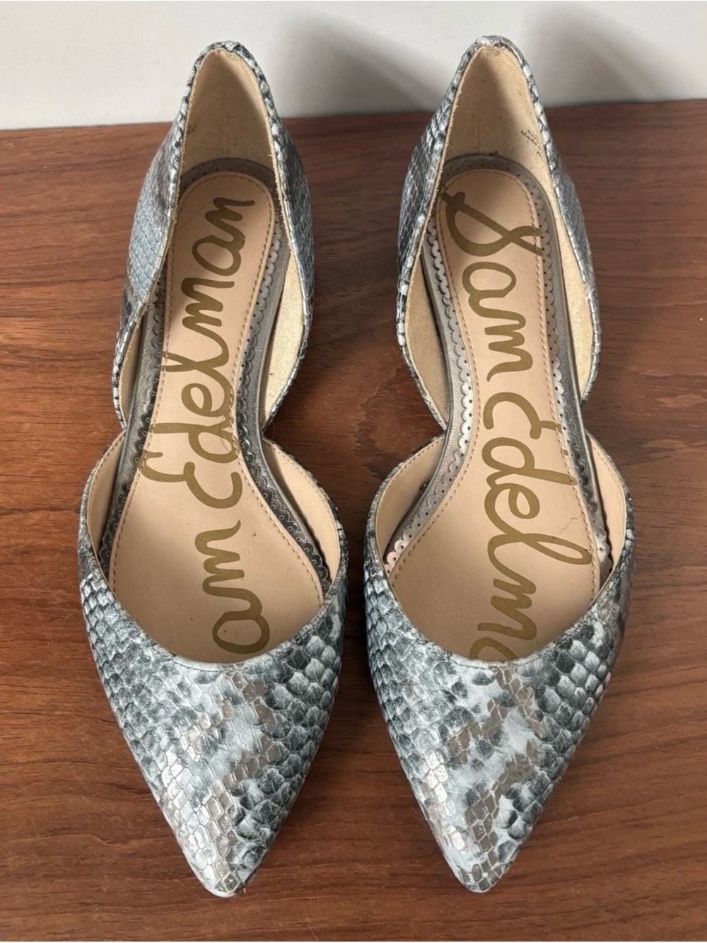Sam Edelman Rodney Ballet Flat Ballerina Shoes Snakeskin Silver Gray Point Toe 6 - Picture 3 of 9
